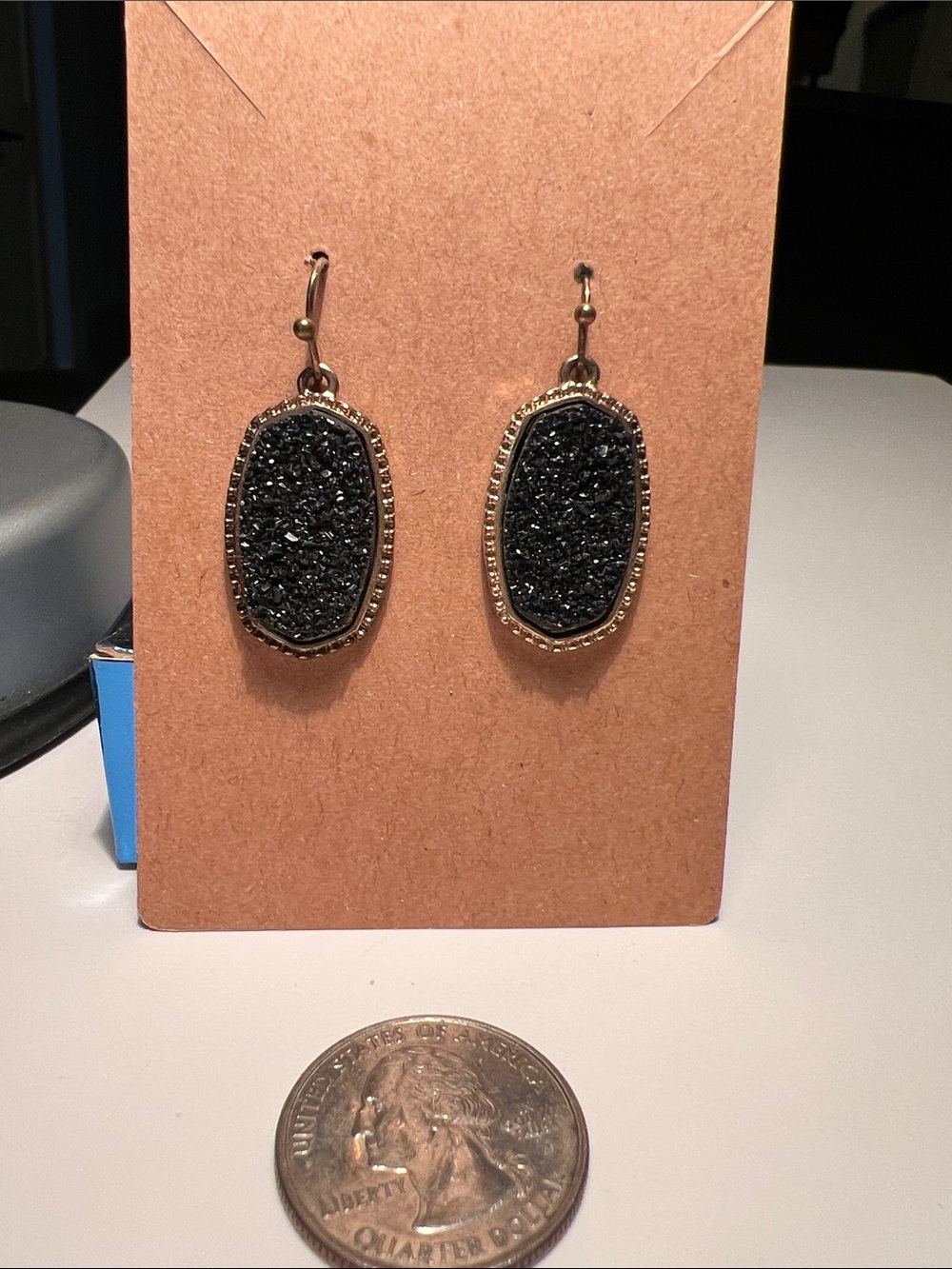 Black Druzy Drop Earrings in Gold Setting